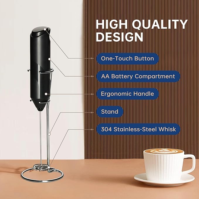 YSSOA Electric Milk Frother Handheld with Stainless Steel Stand Battery Operated Whisk Drink Mixer for Coffee, Frappe, Matcha, Latte, Hot Chocolate, Mini Hand Blender, Black 2 Pack