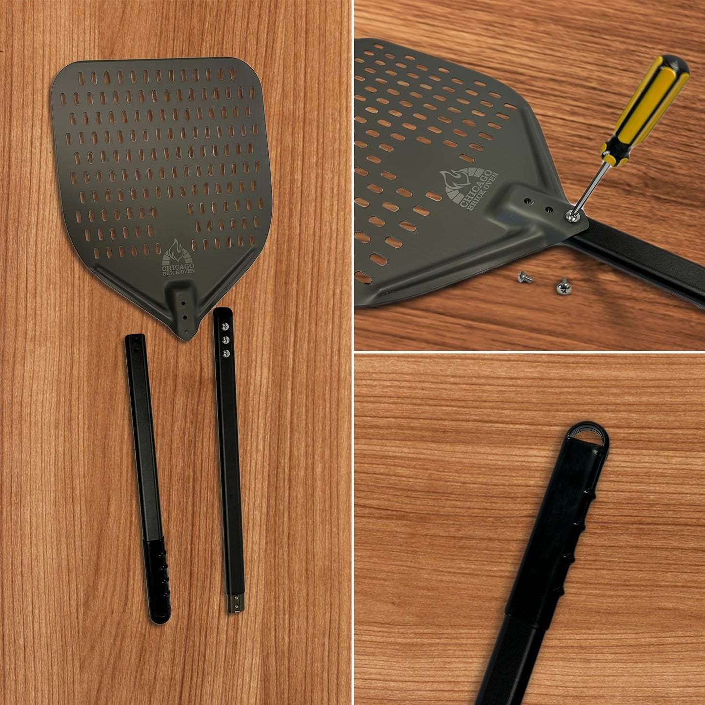 Chicago Brick Oven Perforated Pizza Peel - 12"x15" Anodized Aluminum Pizza Steel, 32" Handle, 47" Overall Length - Ideal Pizza Turning Peel for Pizza Oven, Brick Oven, Baking Bread