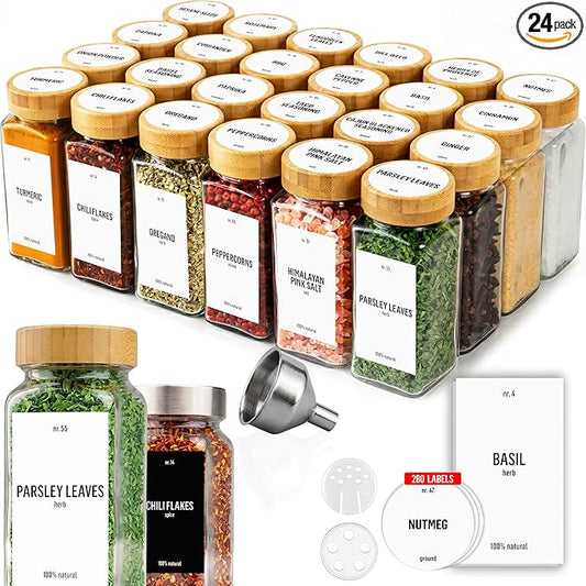 Deco haus Glass Spice Jars with White Label and Bamboo Lid 24x4oz [LABELS incl] Spice Containers with Labels, Shaker Lids & Funnel - Empty Herb Seasoning Containers, Small Seasoning Bottles for Her