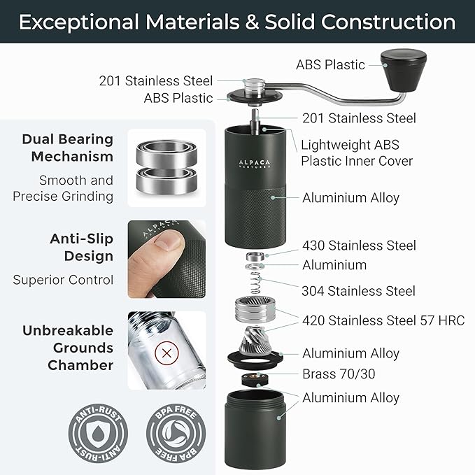 Manual Coffee Grinder by Alpaca Ventures - Stainless Steel Conical Burr Coffee Grinder Manual with Adjustable Setting Double Bearing Hand Espresso Grinder Perfect for Home, Office and Camping