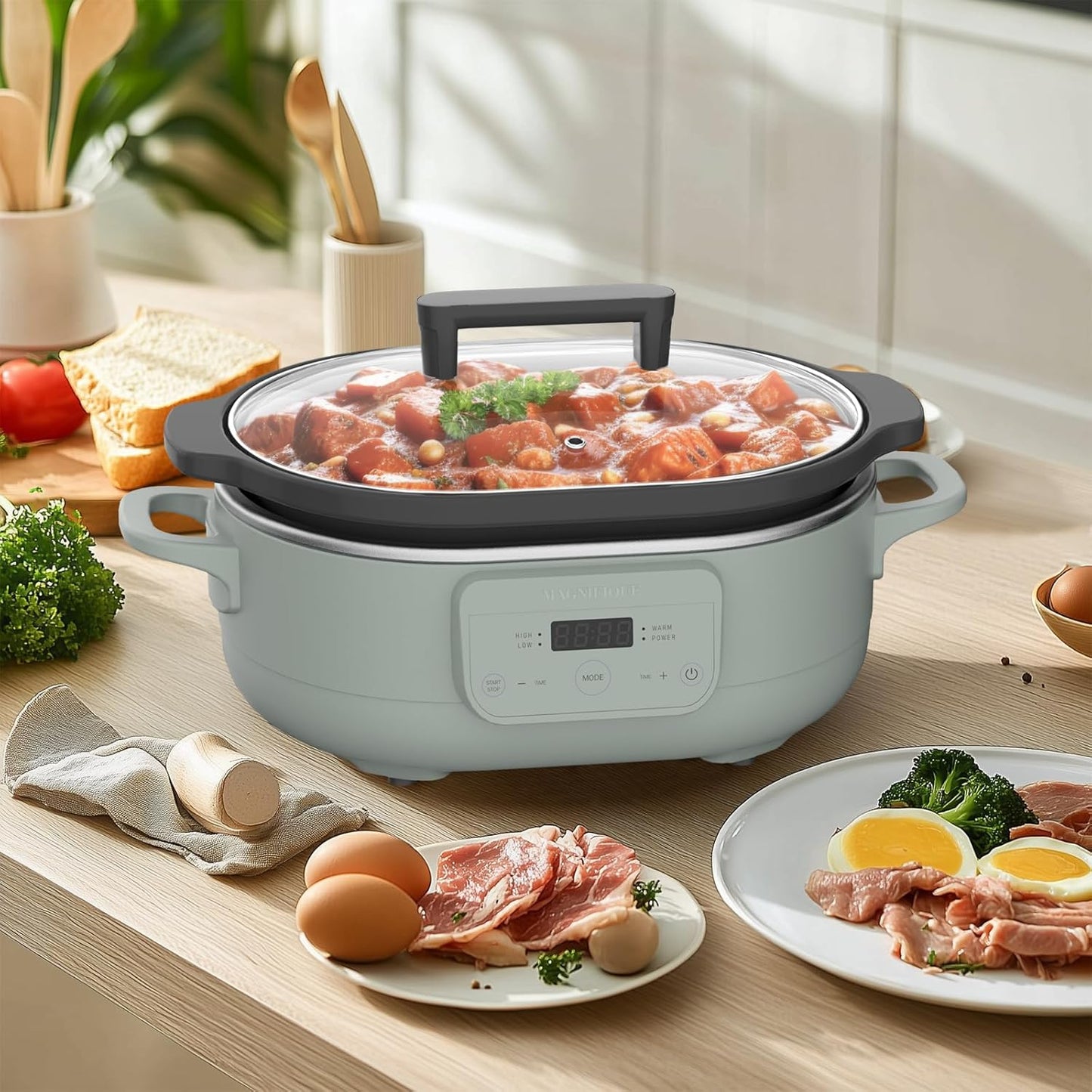 MAGNIFIQUE 6 Quart Programmable Slow Cooker Removable Healthy Nonstick Pot - Small Kitchen Appliance for Family Dinners - Serves 6+ People - Heat Settings: Keep Warm Olive