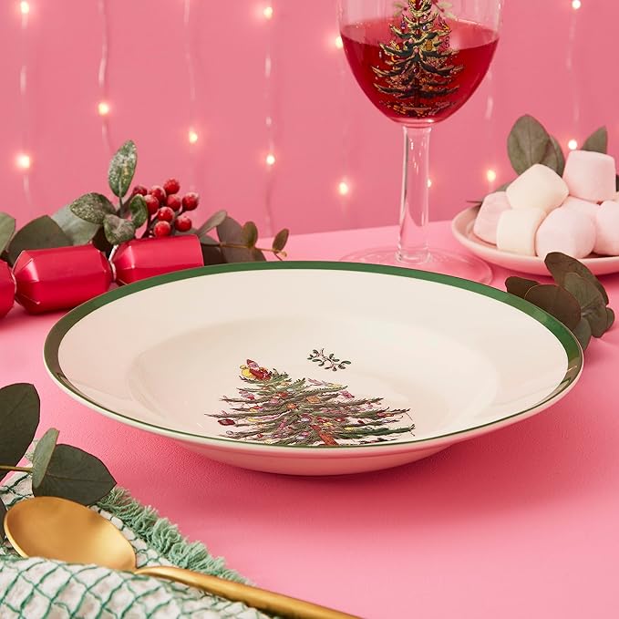 Spode Christmas Tree 9" Soup Plate (Set of 4) – Stoneware Bowls with Festive Tree Design & Green Rim, Ideal for Serving Soup, Pasta, Salad – Microwave & Dishwasher Safe Holiday Dinnerware