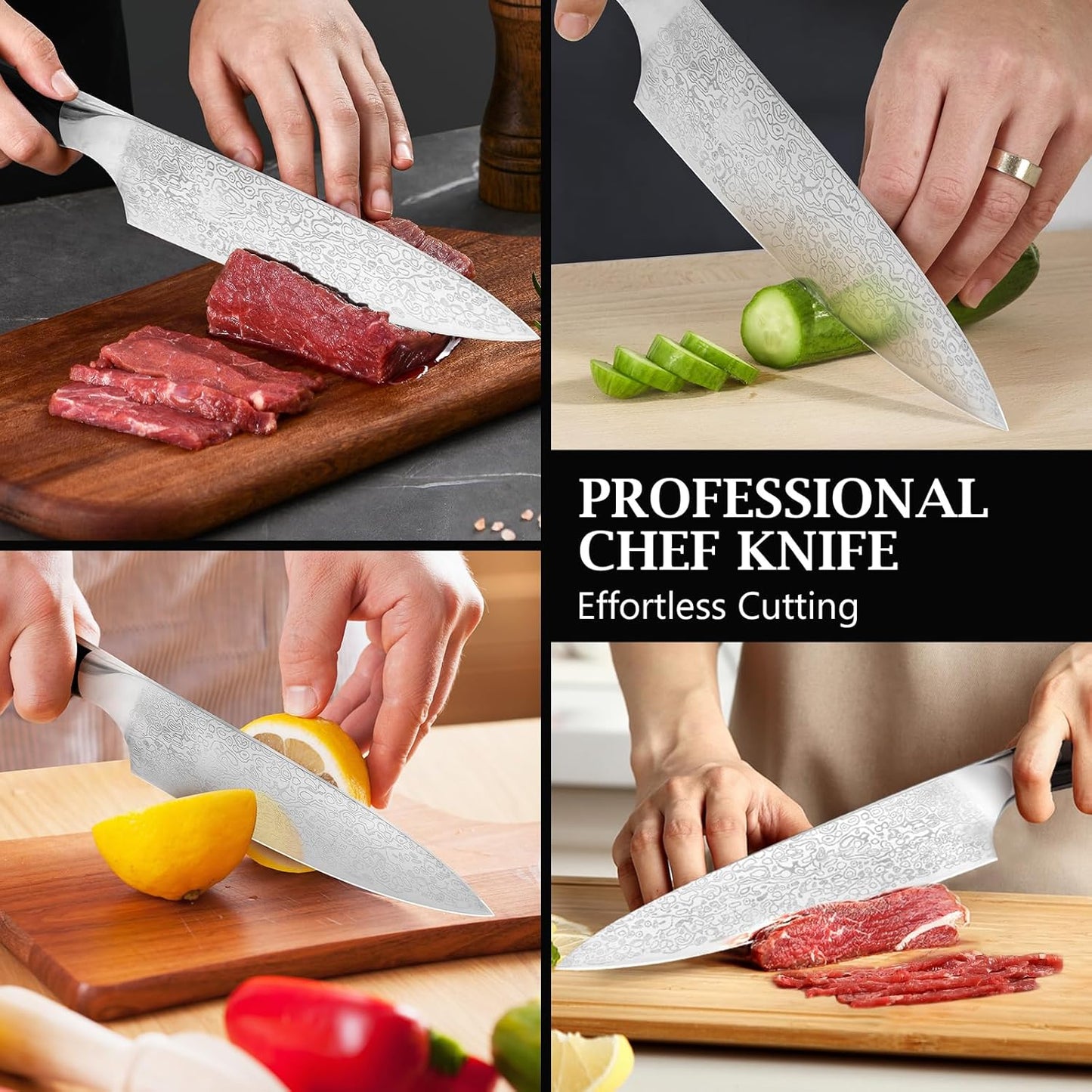 8 Inch Chef Knife, Kitchen Knife with Sharpener and Finger Guard, Professional Steel Sharp Chef's Knife Set with Ergonomic Handle, Gifts for Mom/Dad, Black