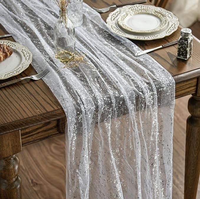 Artoid Mode White Silver Gauze Table Runner 120 Inch 10FT, Glitter Metallic Foil Sheer Dining Holiday Wedding Anniversary Birthday Table Decor for Home Party
