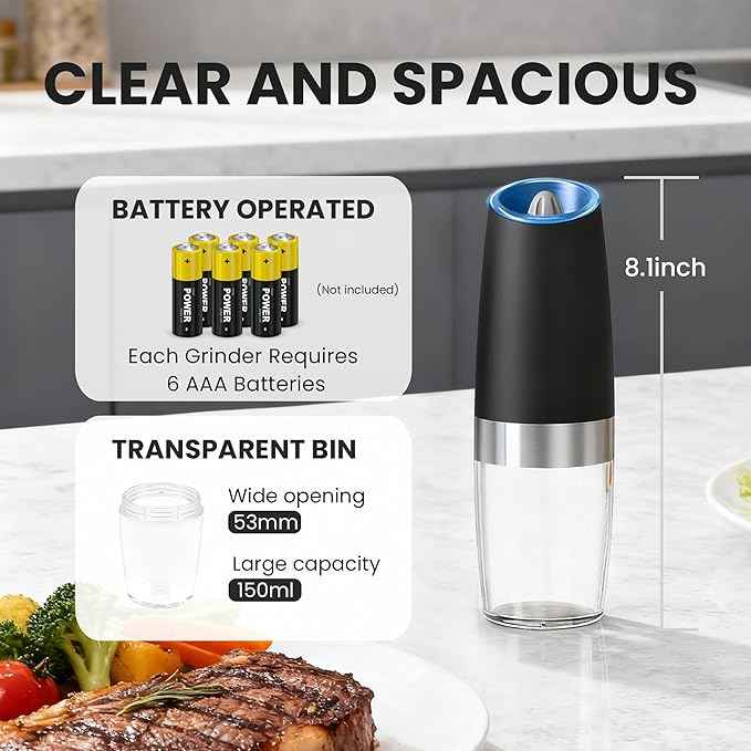 Gravity Electric Salt and Pepper Grinder set of 2, Automatic Salt And Pepper Grinder Set, Adjustable Roughness, Battery Powered, LED Light, 2 Pack, (Black)