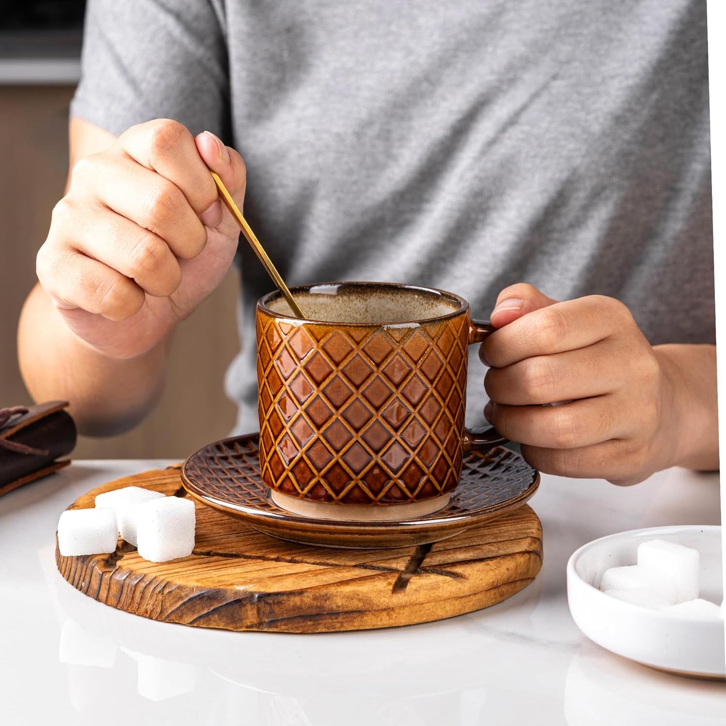 GBHOME 6 OZ Stackable Coffee Mugs, Ceramic Coffee Mugs with Texture Patterns for Man,Woman,Dad,Mom, Modern Coffee Cups Set of 4 for Espresso/Cappuccino. Dishwasher&Microwave Safe,