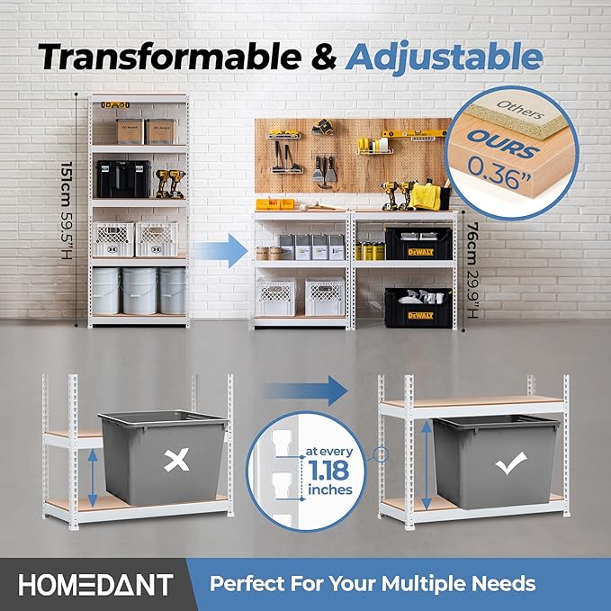 HOMEDANT 5 Tier Laminated White Boltless Metal Shelving Unit Adjustable Garage Storage Utility Rack Heavy Duty Shelves Organization Multipurpose Shelf Warehouse Pantry 28" W x 12.3" D x 59.5" H 2Pack