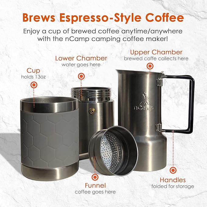 nCamp - Café, Portable Coffee Maker, Portable Espresso Machine, Compact Camping Coffee Maker, Stainless Steel Travel Coffee Maker with Camping Coffee Cup, Reusable, 12 oz
