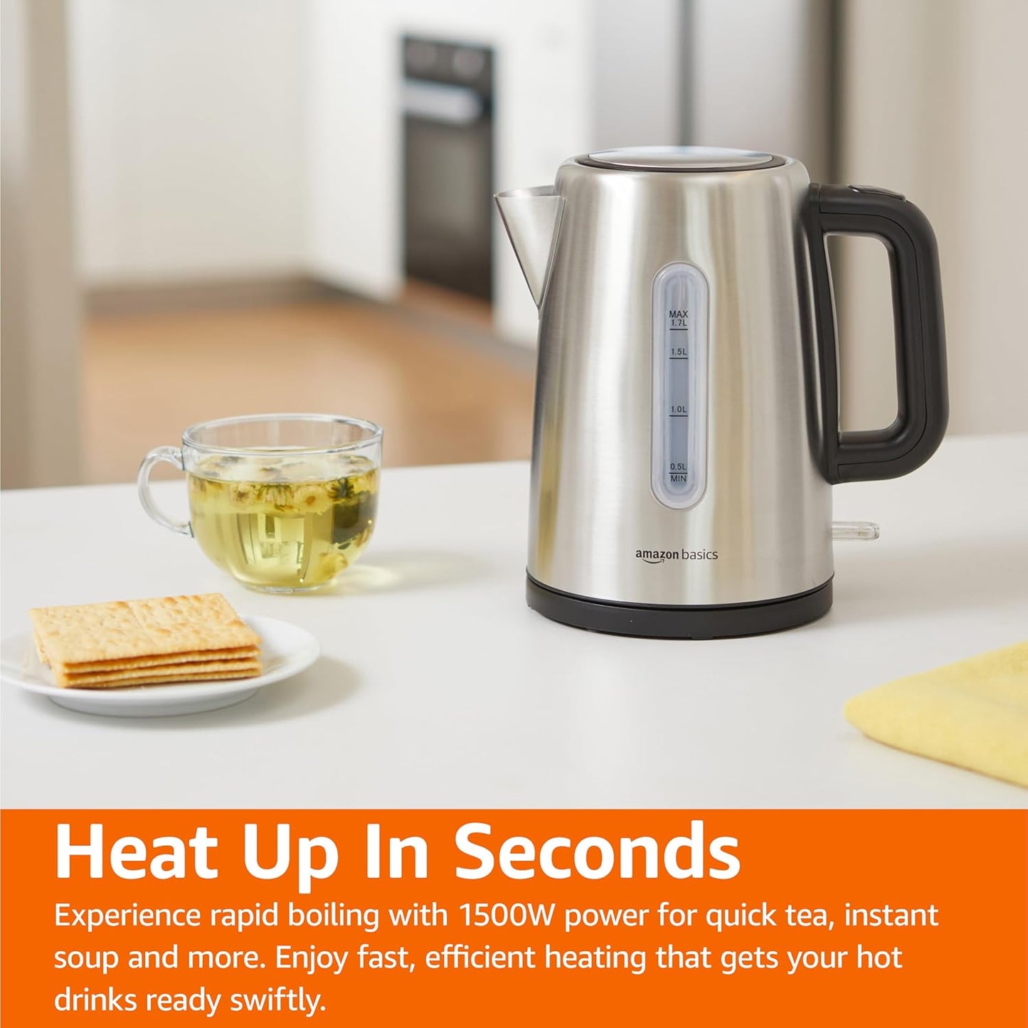 Amazon Basics Electric Stainless Steel Kettle for Tea and Coffee, BPA-Free, Fast Boiling, Auto Shut-Off, 1.8 Quarts, 1500W, Black and Silver