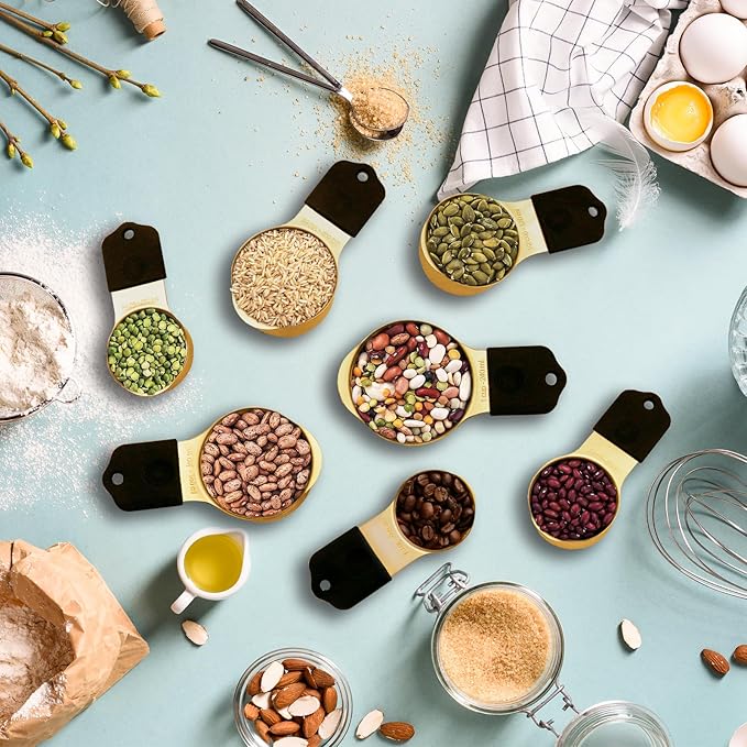 Magnetic Measuring Cups and Spoons Set, Including 7 Stainless Steel Nesting Gold Measuring Cups & 8 Magnetic Gold Measuring Spoons with 1 Leveler for Cooking & Baking