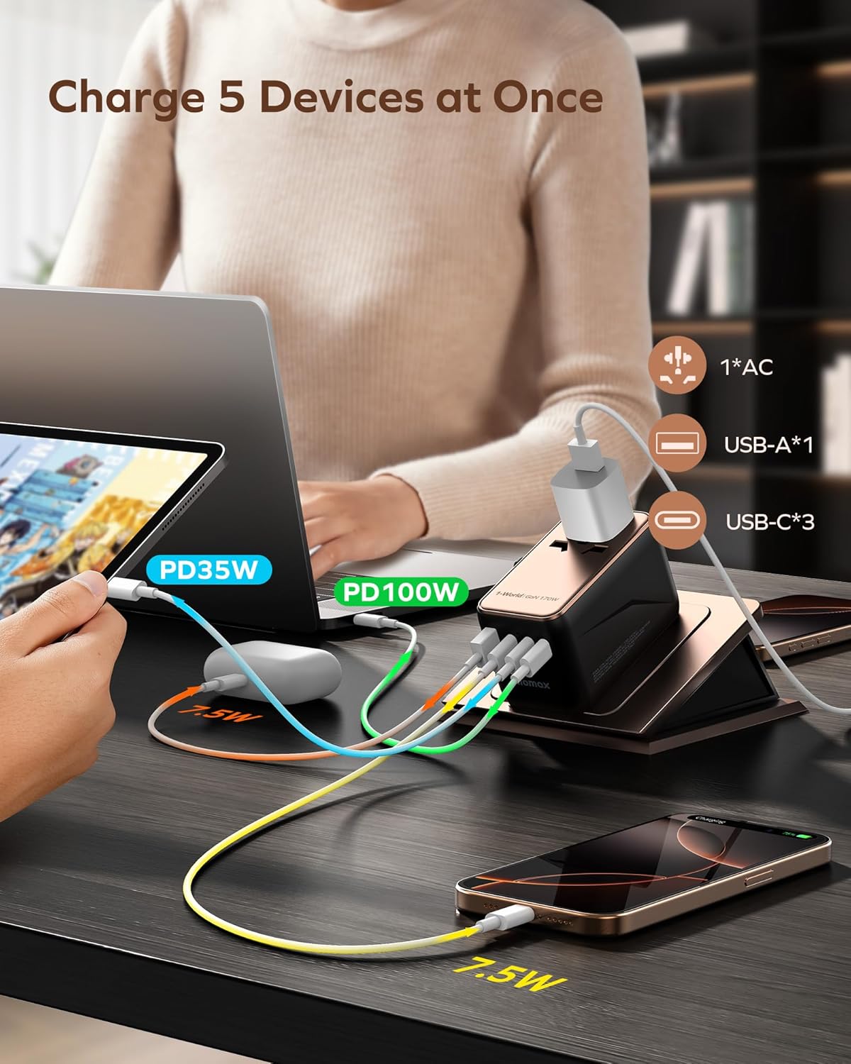 MOMAX Universal Travel Adapter, 170W GaN International Power Adapter, 2 USB-C 2 USB-A, Worldwide Travel Plug Adapter, International Power Adapter for Most Europe, USA, Japan, Australia (Type C/A/G/I)