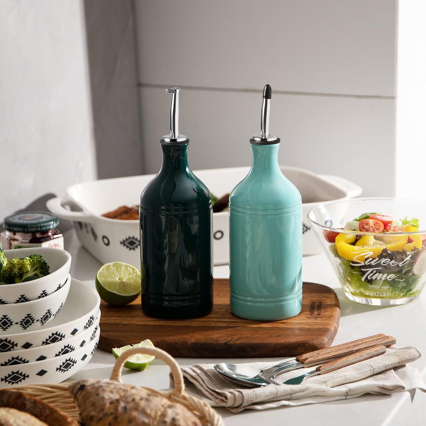 Sweejar Ceramic Olive Oil Dispenser Bottle, Opaque Oil Cruet Protects Oil, Suitable for Storage, Vinegar, Coffee Syrups & Other Liquids, 15.5 Fl Oz (Jade)