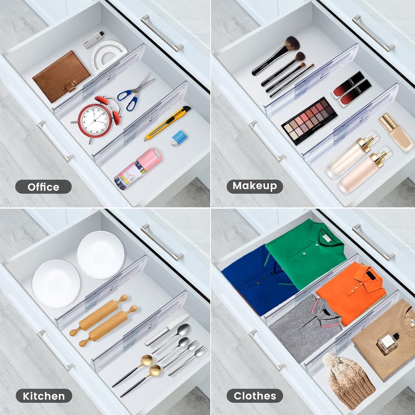 8 Pack Adjustable Drawer Dividers for Clothes,4" High Clear Expandable From 13-22" Drawer Organizers, PC Plastic Separators for Dresser/Bedroom/Bathroom/Kitchen/Office Storage,Easy to Assemble