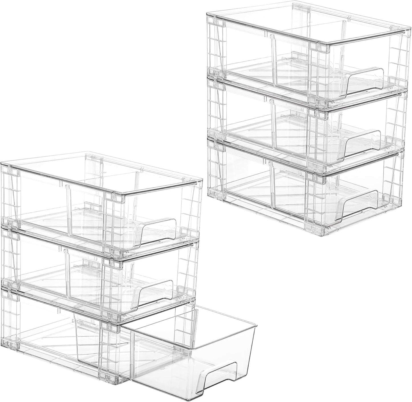 Vtopmart 6 Pack Stackable Storage Drawers,Clear Acrylic Drawer Organizers with Handles, Easily Assemble Containers for Fridge, Bathroom,Kitchen Undersink,Cabinet,Pantry Organization and Storage