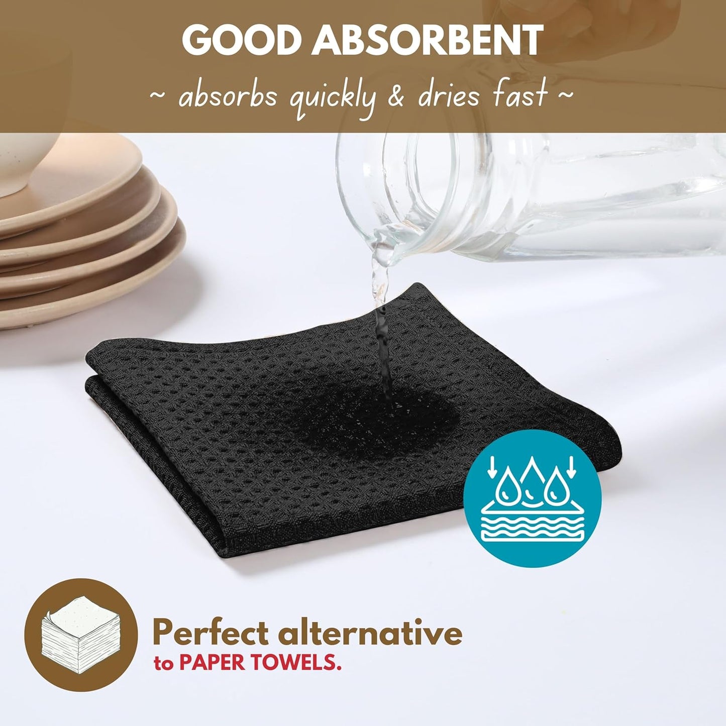 Native Fab Cotton Kitchen Towel with Hanging Loop 16x26 inches, 6-Pack, Waffle Weave Kitchen Towels for Cleaning Drying, Washcloths Soft & Absorbent Cloth Rags, Bar Towel, Dish Cloth, Black