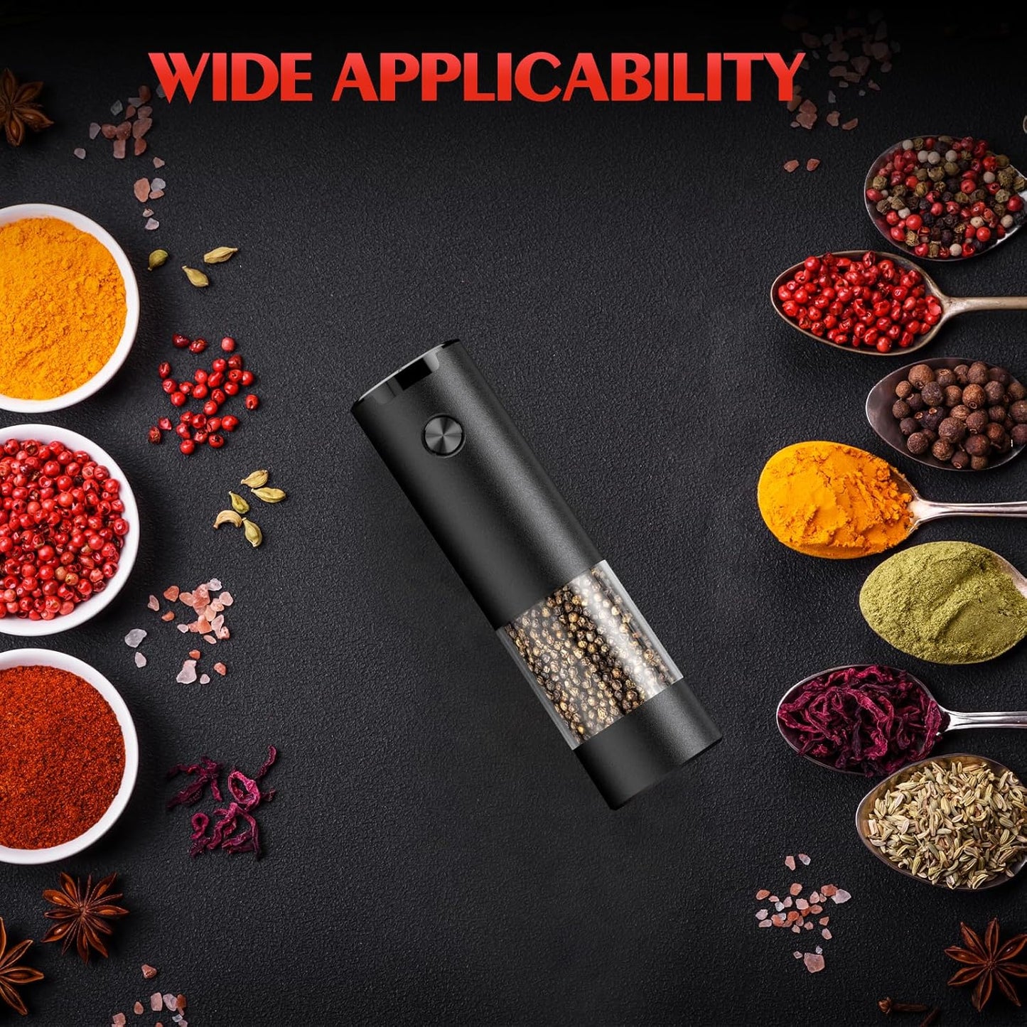 Electric Salt and Pepper Grinder Set Automatic Battery Pepper Mill Shakers Adjustable Coarseness Easy Filling Upgraded Larger Capacity with Led (1 Pack Black）