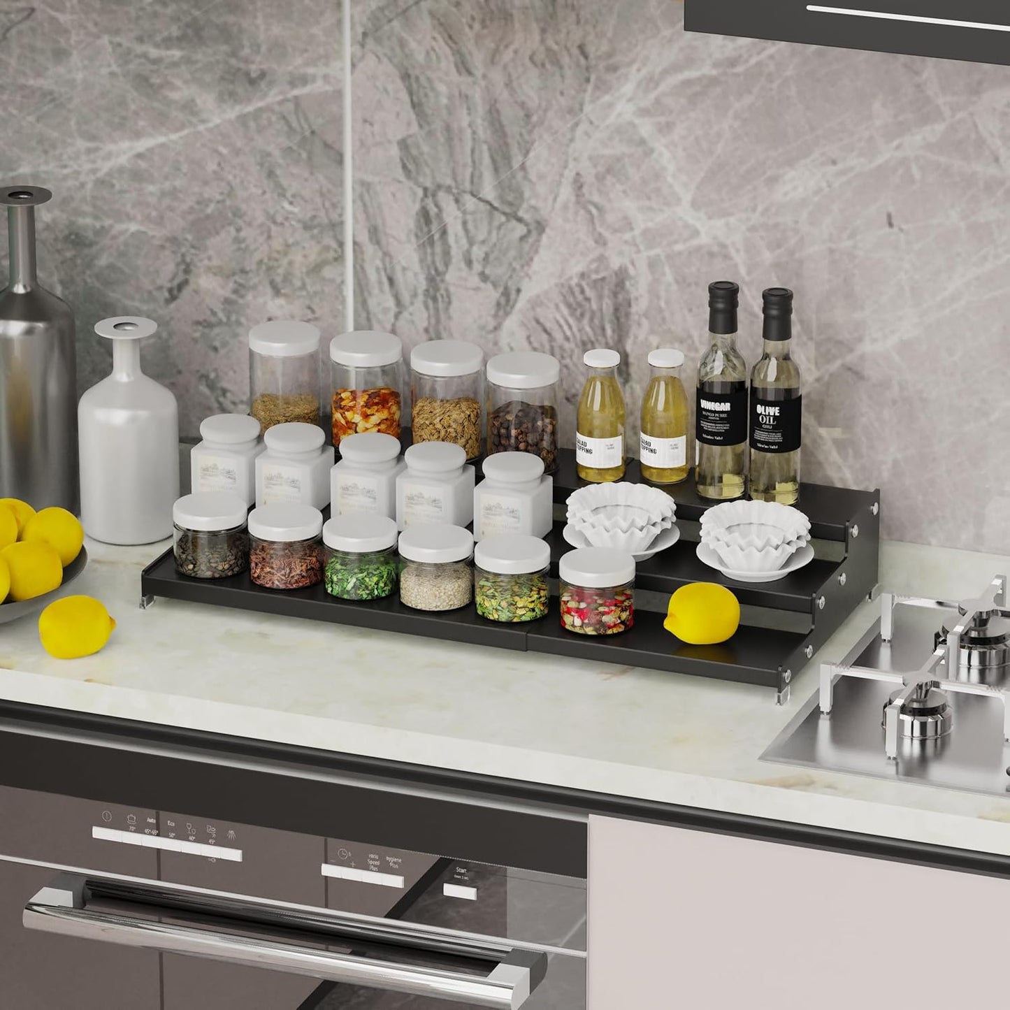 Expandable Spice Rack Storage organizer with 3-Tier step shelf for cabinet,seasoning racks organizion.Great for Kitchen countertop shelves,Pantry and more (1pack/Black)
