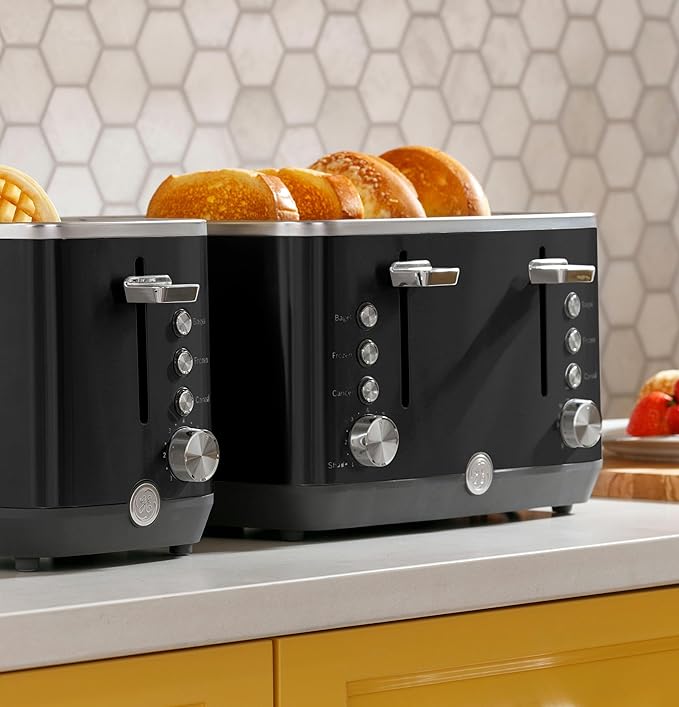 GE 2 Slice Black Stainless Steel Toaster, Extra Wide Slots for Toasting Bagels, Breads, Waffles & More, 7 Adjustable Shade Settings, Removable Crumb Tray, Countertop Kitchen Essentials, 850 Watts