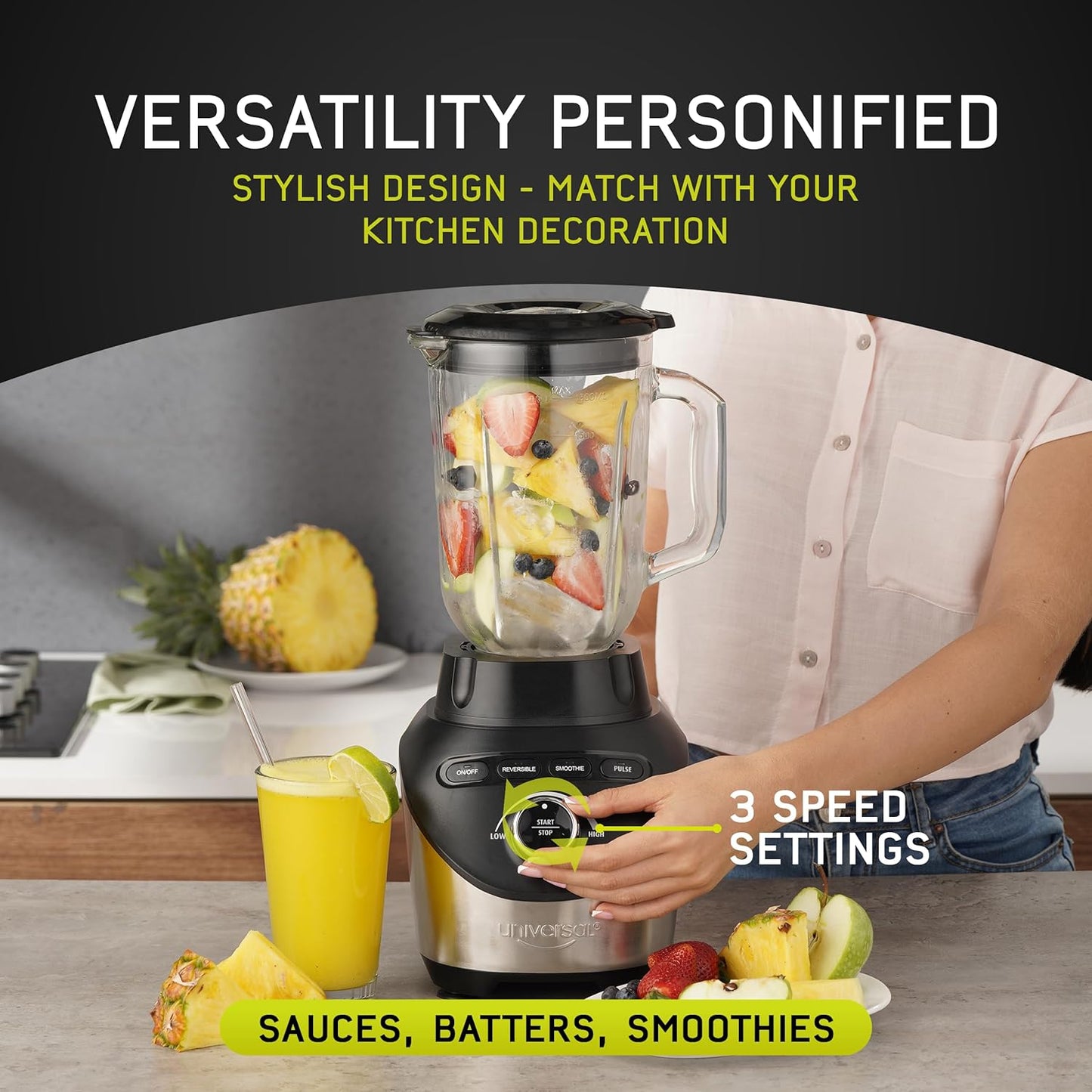 Universal 1500 Peak Watt Turbo Elite Max Blender, 71oz - 9-cup / 2.1 Liter Glass Pitcher, 3 Speed Settings with Powerful 6 Stainless Steel Blades, Premium Blender for Smoothies, Domestic Use