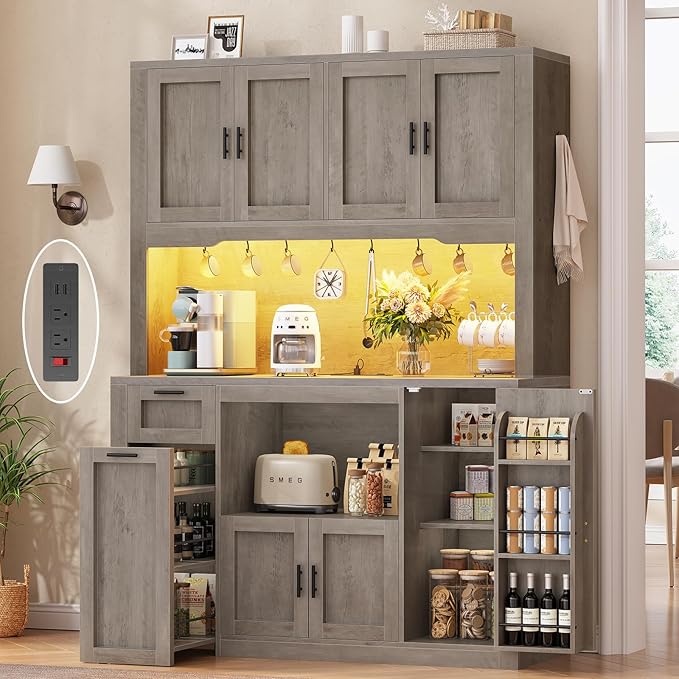 Itaar 71" Pantry Cabinet with Charging Station and LED Light, Kitchen Pantry Cabinet with Microwave Stand, 47.2" Wide Kitchen Storage Cabinets with Storage Cart 3 Tier for Dining Room, Grey