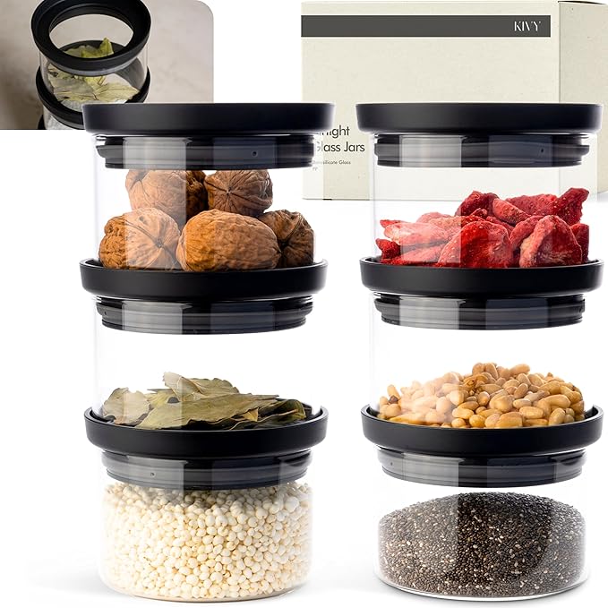 KIVY Glass spice jars transparent Glass Lid [6x 12oz] Stackable & Airtight small glass jars - Spice containers - Seasoning jars tea - Spice storage containers - Spice jars with black lids & labels