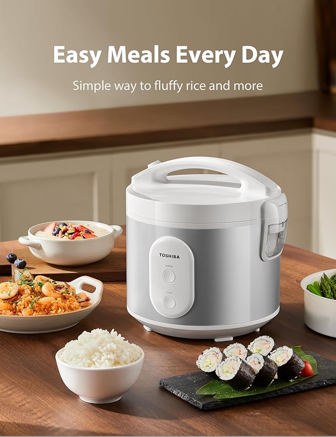 TOSHIBA Rice Cooker & Steamer Simple 5.5 Cup(Uncooked) with Steaming Basket, Removable Non-Stick Inner Pot & Inner Lid, for Soups, Stews, Grains&Oatmeal, One Touch&Keep Warm Function, Silvery White