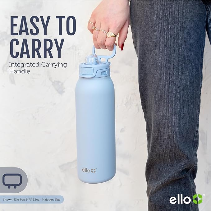 Ello Pop & Fill 40oz Stainless Steel Water Bottle with Quick Fill Technology, Double Walled and Vacuum Insulated Metal, Leak Proof Locking Lid, Sip and Chug, Reusable, BPA Free, Pistachio
