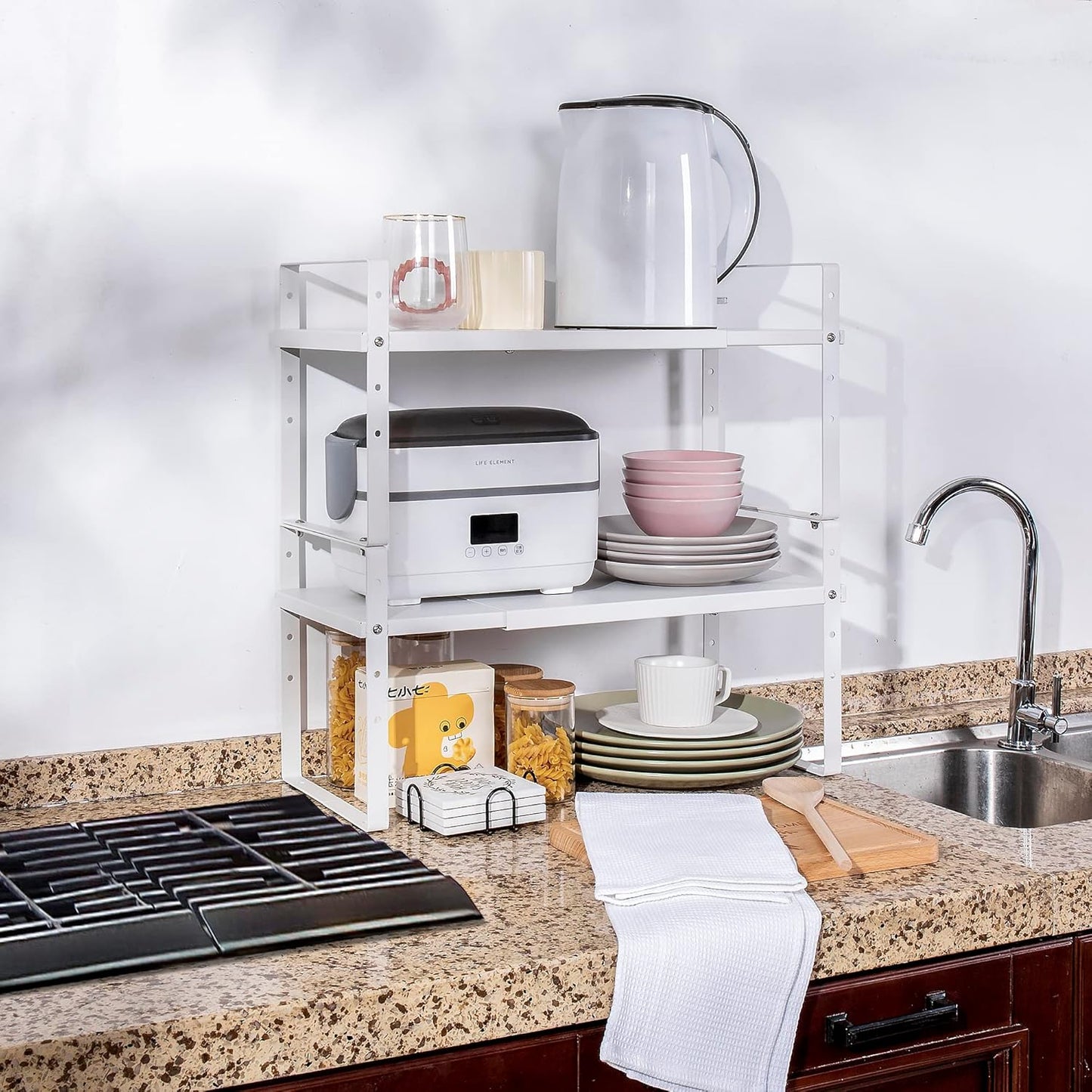 Expandable Cabinet Shelf Organizer Rack, Stackable Kitchen Counter Storage Shelves Stand, Adjustable Height Pantry Shelf Spice Rack (White, 2 Pack)