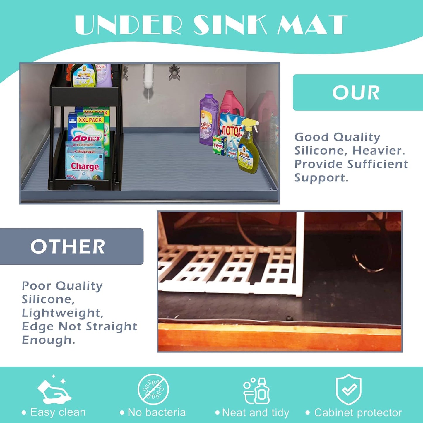 URMONA Waterproof Silicone Under Sink Mat 37'' x 22'' Shelf Liner for Kitchen and Bathroom, Cabinet and Counter Protector, Storage and Organizers, Litter Mat, Pet Cat Puppy Essentials(Dark Grey)