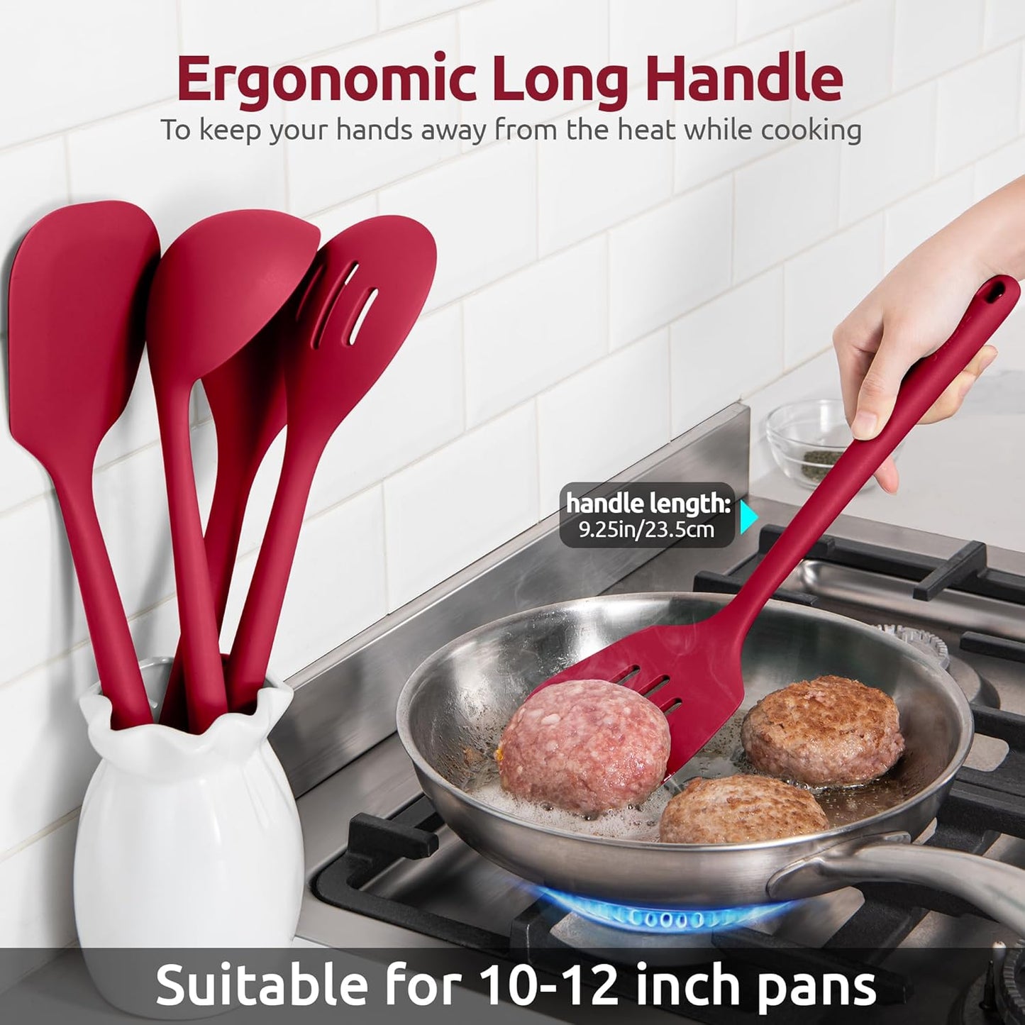 Silicone Kitchen Cooking Utensil Set: U-Taste High Heat Resistant 13.6in Long Kitchen Gadgets, BPA Free Non Stick Rubber Cook Accessories For Stir Frying, Serving, Basting, Mixing (5 Pieces, Red)