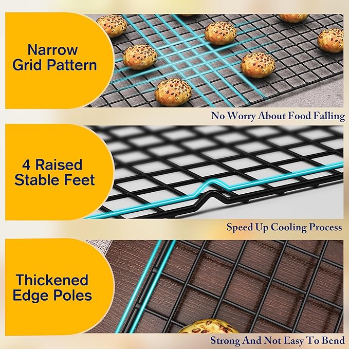 2PCS Cooling Racks for Cooking and Baking - 10" x 16"Heavy Duty Stainless Steel Wire Rack for Baking, Grilling, Roasting - Oven & Dishwasher Safe - Fits Half Sheet Pan（Black）