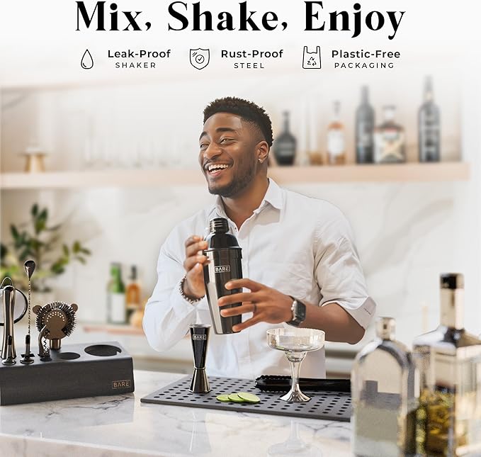 BARE BARREL® Mixology Bartender Kit Bar Set | 14-Piece Cocktail Shaker Set | Martini Barware Mixing Tools for Home Bartending | Incl. 35 Recipe Cards | Gift Set (24oz Cobbler Shaker, Jet Black/Black)