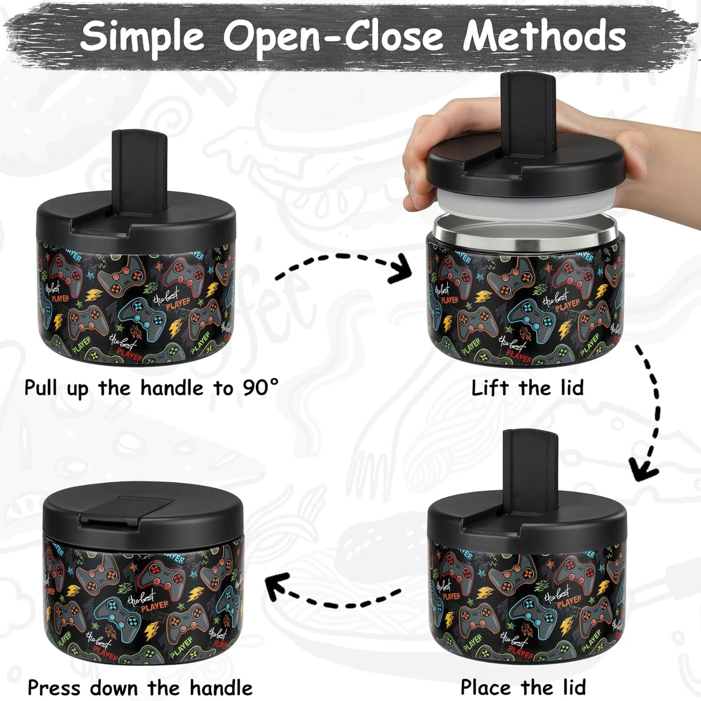 12oz Insulated Vacuum Food Jar with Buckle Lid Wide Mouth Soup Thermo for Hot Food Kids Leakproof Stainless Steel Lunch Container (Black-Game)