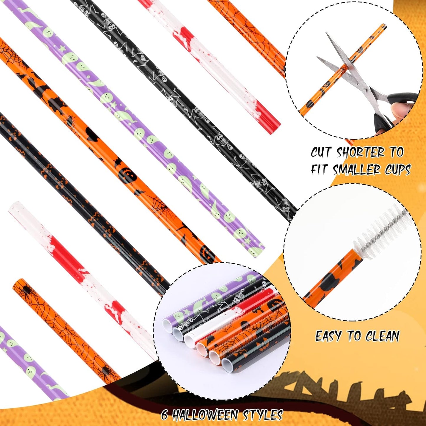 JANYUN 30 Pcs Halloween Reusable Straws 9inch Pumpkin Bat Skeleton Spider Printing Hard Plastic Drinking Straw for Mason Jar Tumbler Family Party Favors Cleaning Brush