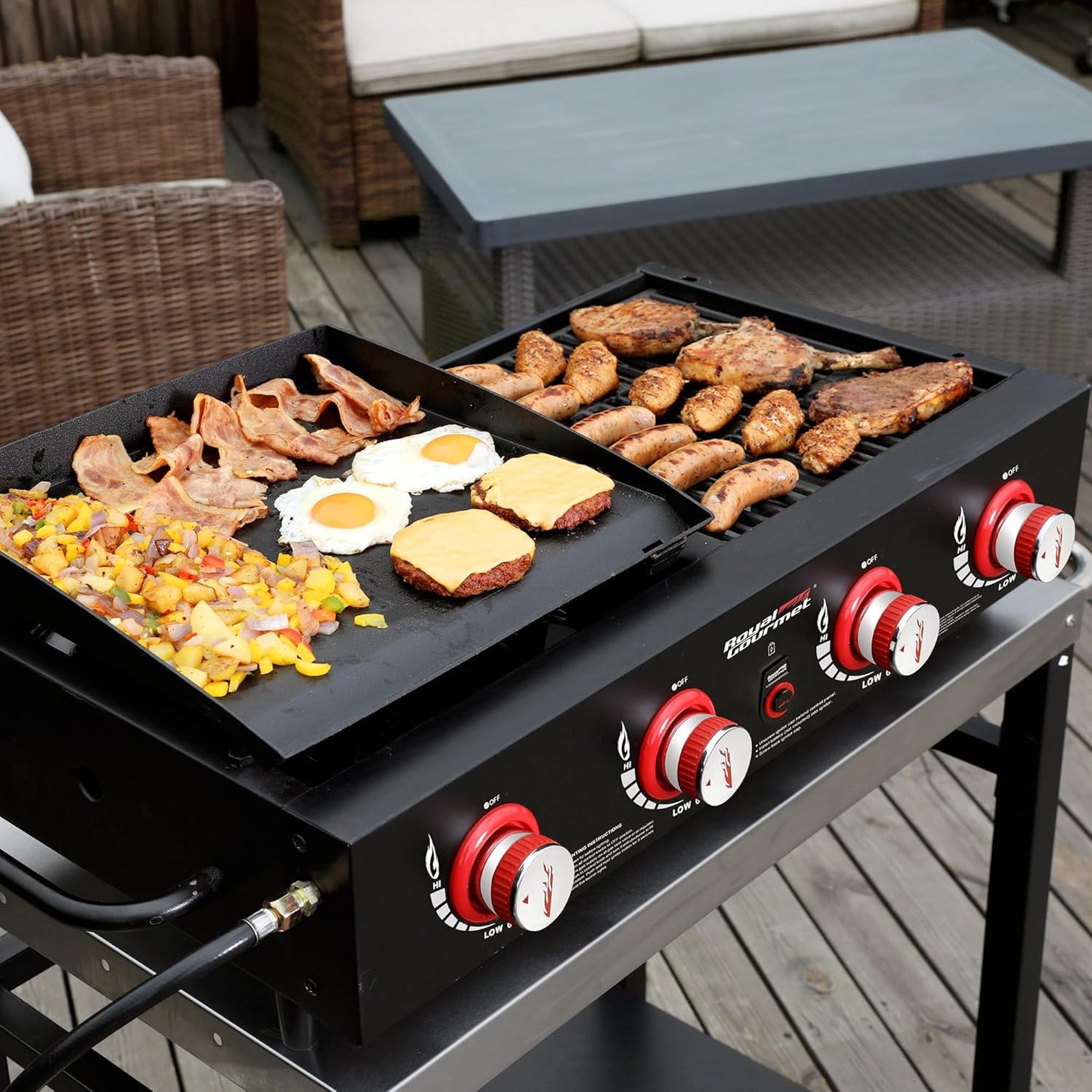 Royal Gourmet GD4002T 4-Burner Tailgater Grill and Griddle Combo, Portable Flat Top Propane Gas Grill with 40,000 BTUs Output for Backyard or Outdoor Cooking, Black