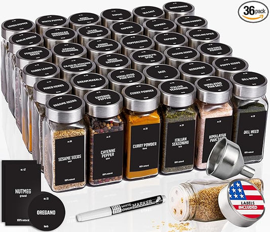 Deco haus Glass Spice Jars with Stainless Steel Lids 36 x 4oz [LABELS incl] Spice Containers with 280 Labels, Funnel & Chalk Marker - Empty Herb Seasoning Containers, Small Seasoning Bottles for Herb