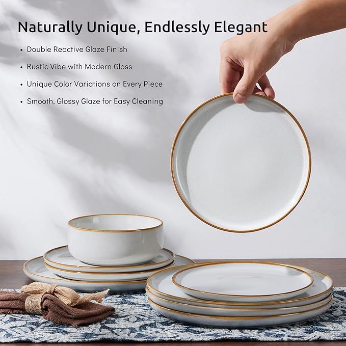 E-far Plates and Bowls Set for 2, 6-Piece Stoneware Dinnerware Sets, Ceramic Dinning Ware Reactive Glaze Dishes Set, Microwave & Dishwasher Safe - Seashell White