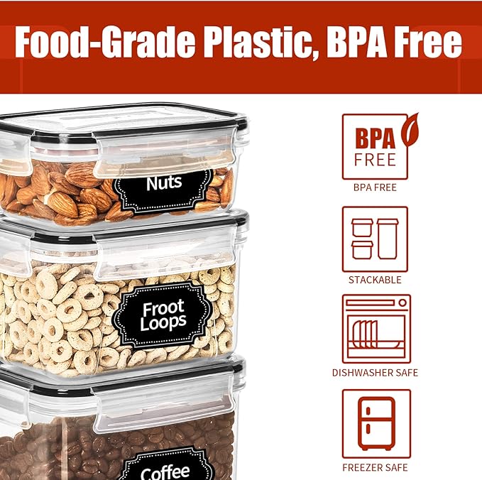 PRAKI 30 Pack Airtight Food Storage Containers for Kitchen Pantry Organizers and Storage, Plastic Kitchen Storage Canisters with Lids,Cereal, Flour & Sugar Containers - Labels, 6 Spoon & Marker