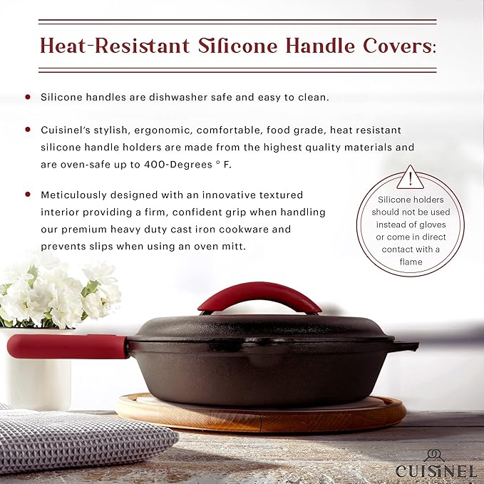 Cast Iron Skillet Set with Lids - 10"+12"-inch Pre-Seasoned Covered Frying Pan Set + Silicone Handle and Lid Holders + Scraper/Cleaner - Use Indoor/Outdoor, Oven, Stovetop, Fire, BBQ Kitchen Cookware