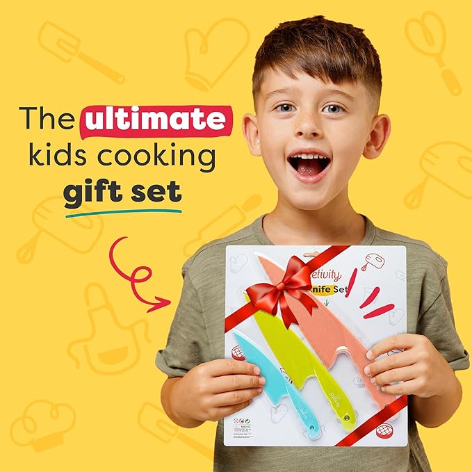 Baketivity 3 Piece Kids Knife Set | Plastic Kids Safe Knives for Kitchen | Toddler Knife Set for Real Cooking | Dishwasher Safe, Kid Friendly Safe Knives Set for Cutting Fruits, Veggies, Cakes