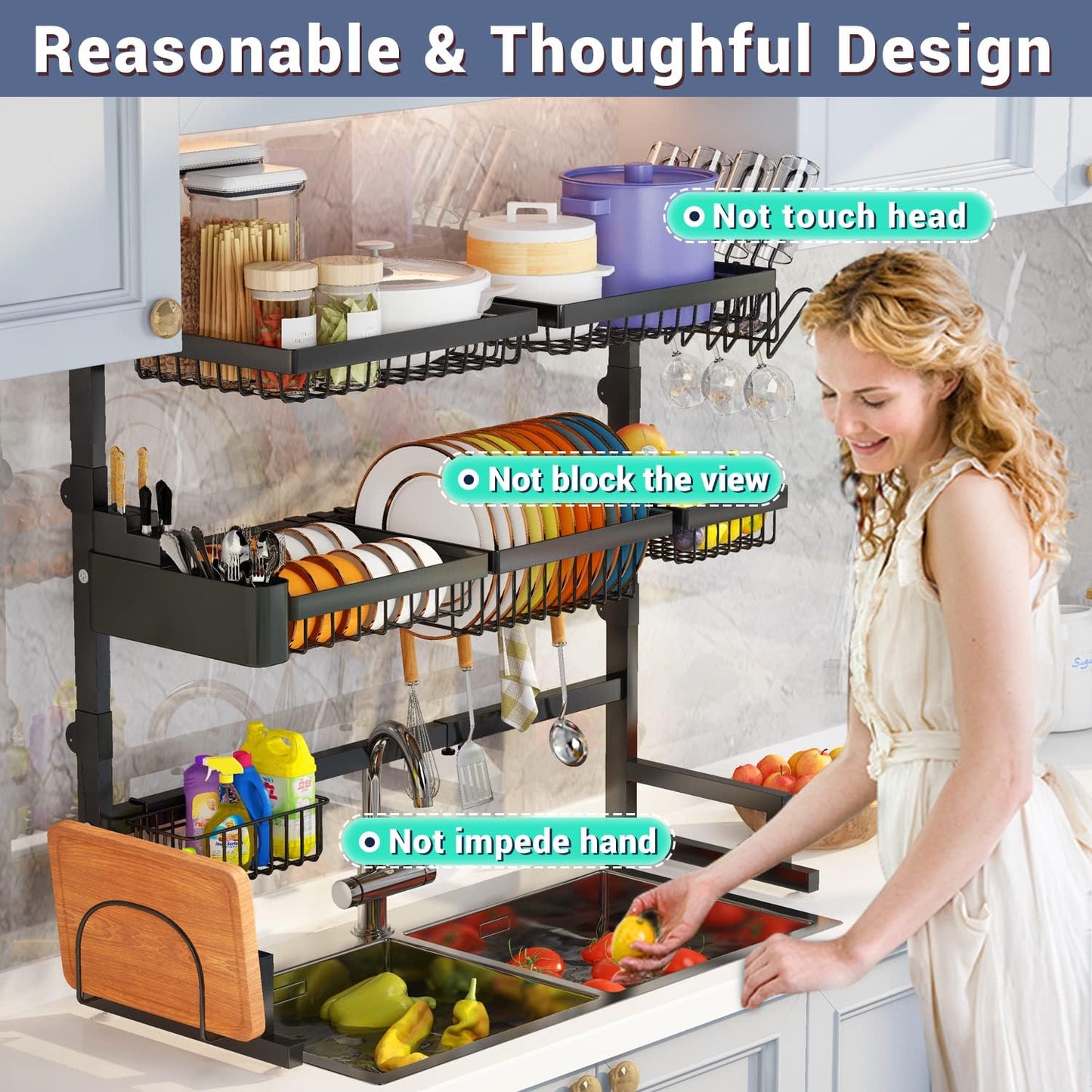 Over Sink Dish Drying Rack (Expandable Height/Length) Snap-On Design Large Dish Drainer Storage Counter Organizer (31-39.5L x 12W x 34-38H inches)