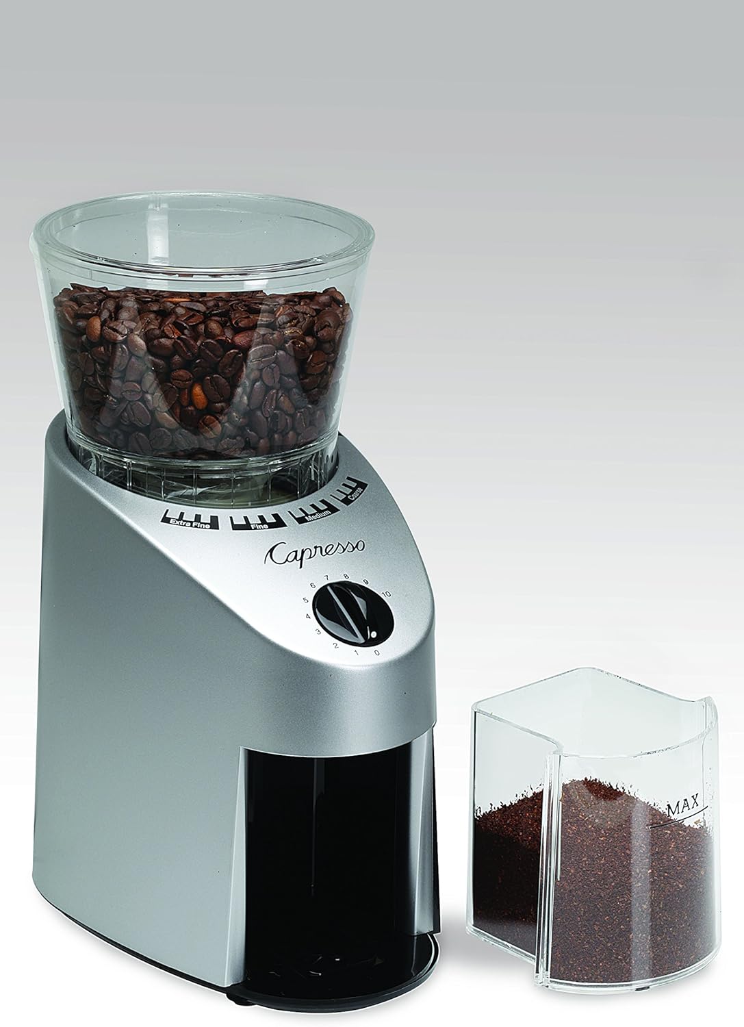 Capresso 560Infinity Conical Burr Grinder, Brushed Silver, 8.5-Ounce