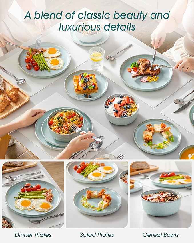 vancasso ANYA 18 Pieces Plates and Bowls Set, Mint Green Dinnerware Sets, Reactive Glaze Dishes Set for 6, Ceramic Dishware Sets Kitchen Dinner Set, Microwave & Dishwasher Safe