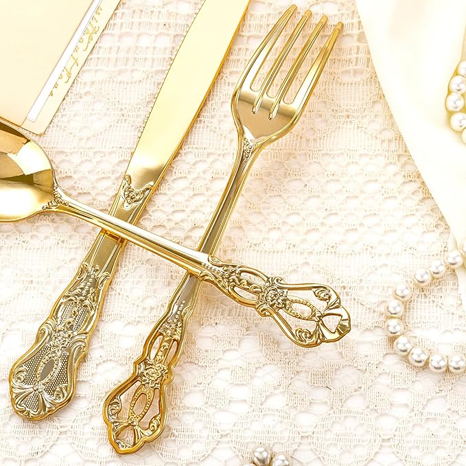 40PCS Gold Plastic Silverware - Heavy Duty Elegant Disposable Utensils - Gold Plastic Cutlery Set Includes 20 Forks, 10 Spoons, 10 Knives for Dinner, Parties, Weddings
