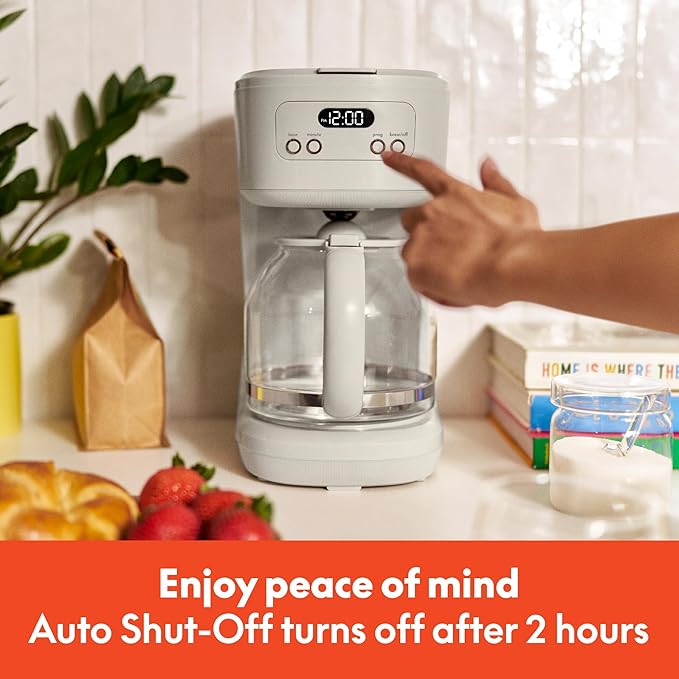 BELLA 12 Cup Programmable Coffee Marker, Reusable Dishwasher Safe Accessories, Easy LCD diaply, Auto Shutoff, 900 watt, Oatmilk