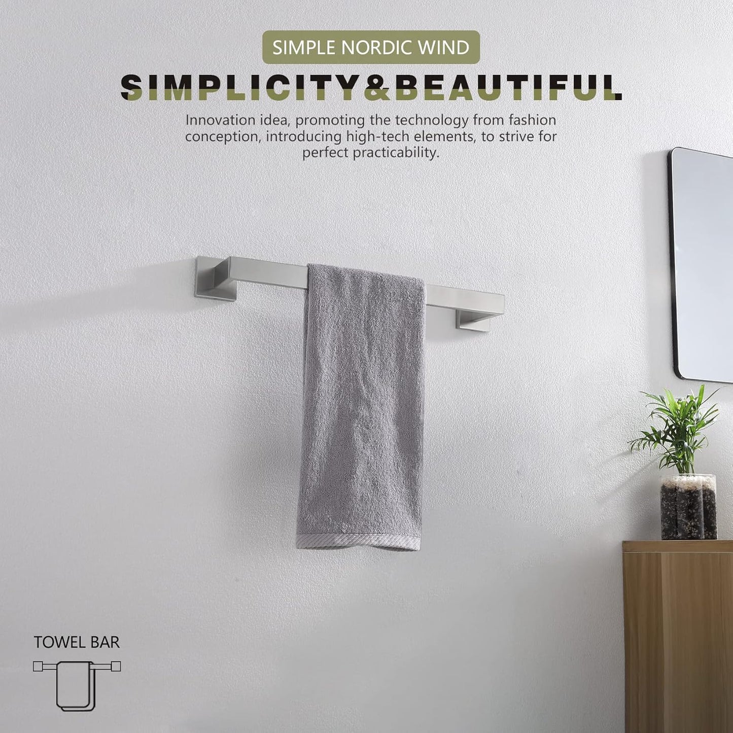 KOKOSIRI 16-Inch Single Towel Bar, Bathroom Kitchen Towel Holder, Wall Mounted SUS304 Stainless Steel Towel Rack, Brushed Nickel, B4003BR-L16