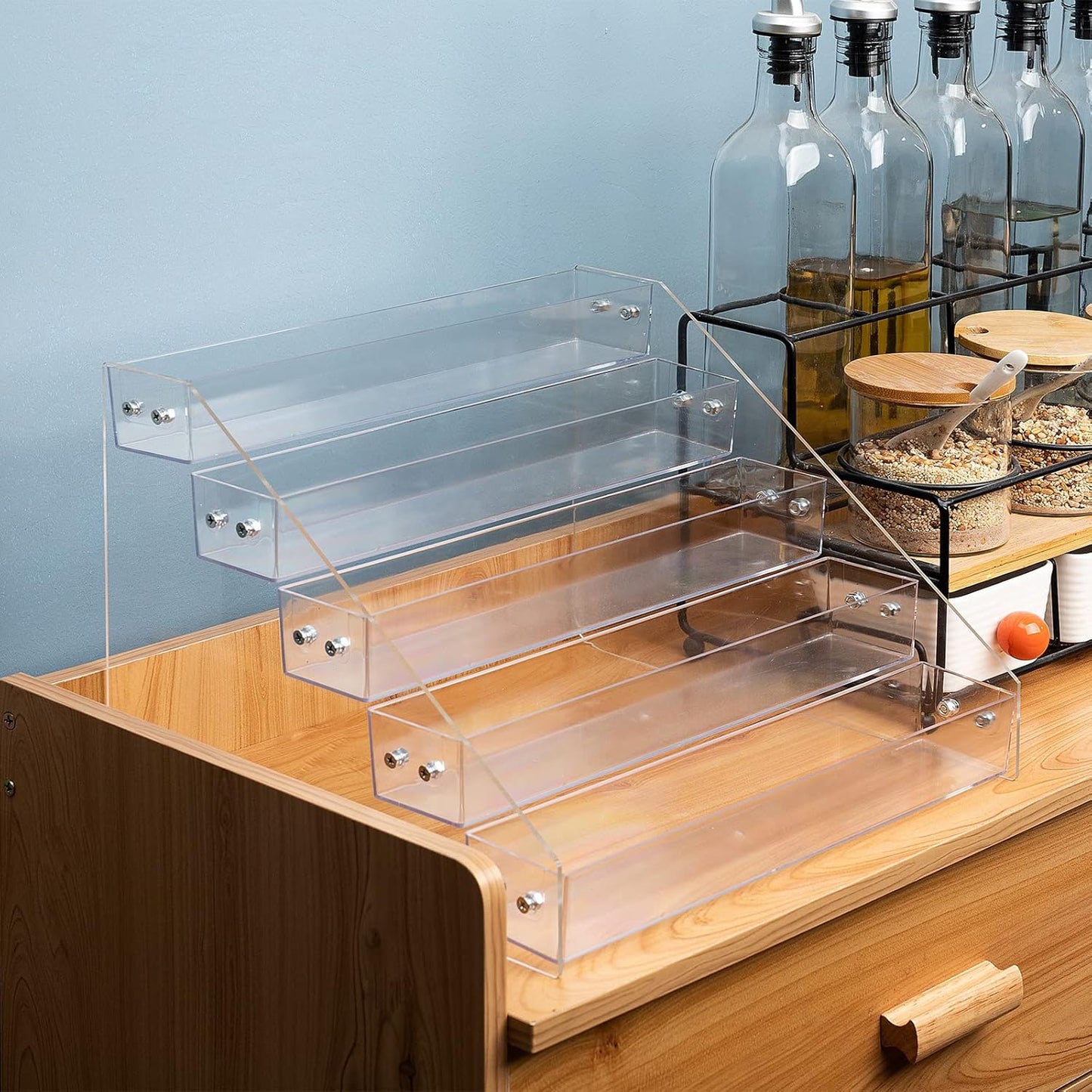 Tiered Spice Rack Acrylic, Spice Rack Shelf Seasoning Organizer for Countertop, Cabinet, Pantry, Kitchen Storage - 5 Tier