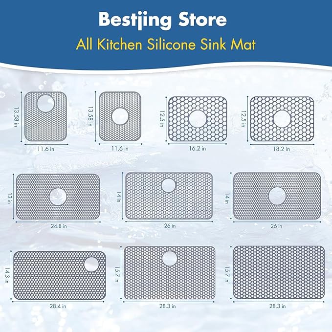 Bestjing 2 Pack Silicone Sink Protectors for Kitchen Sink - 12" x 11" Kitchen Grid Accessory, Non-Slip Heat-Resistant Mat for Bottom of Porcelain Stainless Steel, Dishwasher Safe (Black)