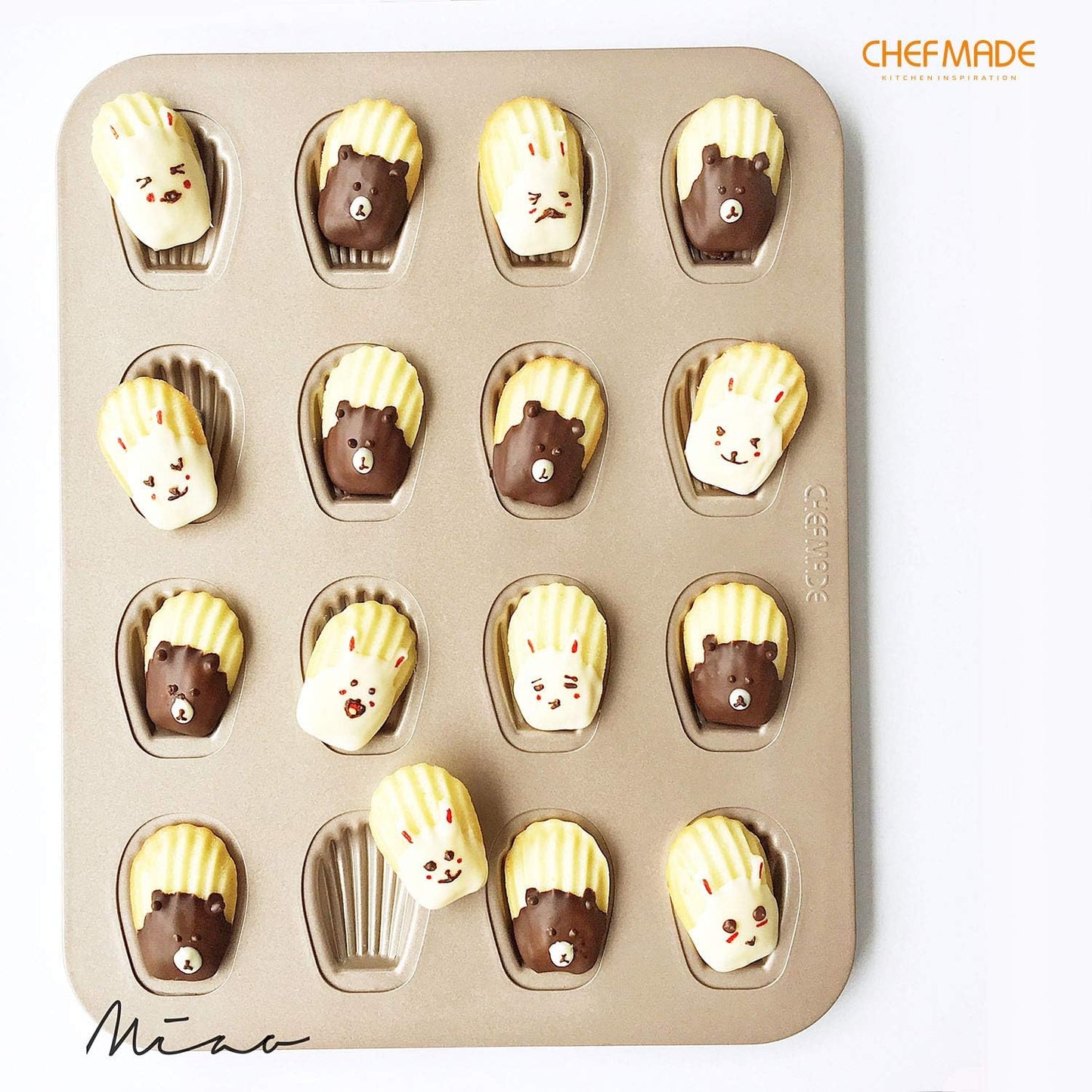 CHEFMADE Mini Madeleine Mold Cake Pan, 16-Cavity Non-Stick Tiny Oval Shell Madeline Bakeware for Oven Baking (Champagne Gold)