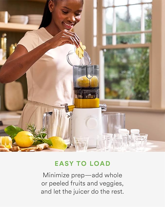 Nama J3 Compact Cold Press Juicer – Space Saving & Self Feeding for Hands-Free Operation – Lightweight, Portable Zero Waste Slow Masticating Juicer – Easy Cleanup & Assembly - White